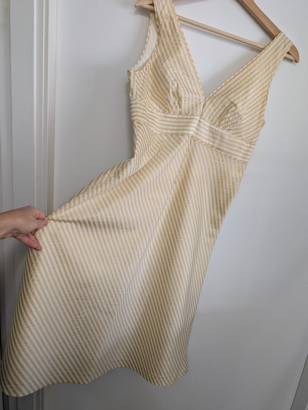 Vintage Y2k J Crew Medium Silk Dress A-line Gown Yellow White Stripe Cottagecore